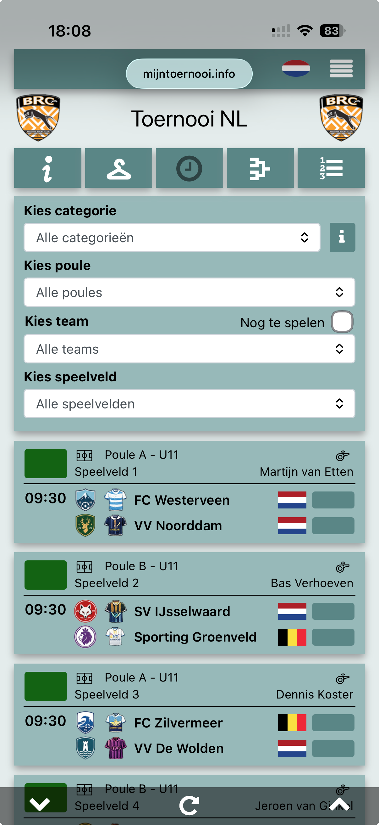 Mobiele bezoekerspagina met wedstrijden en filters