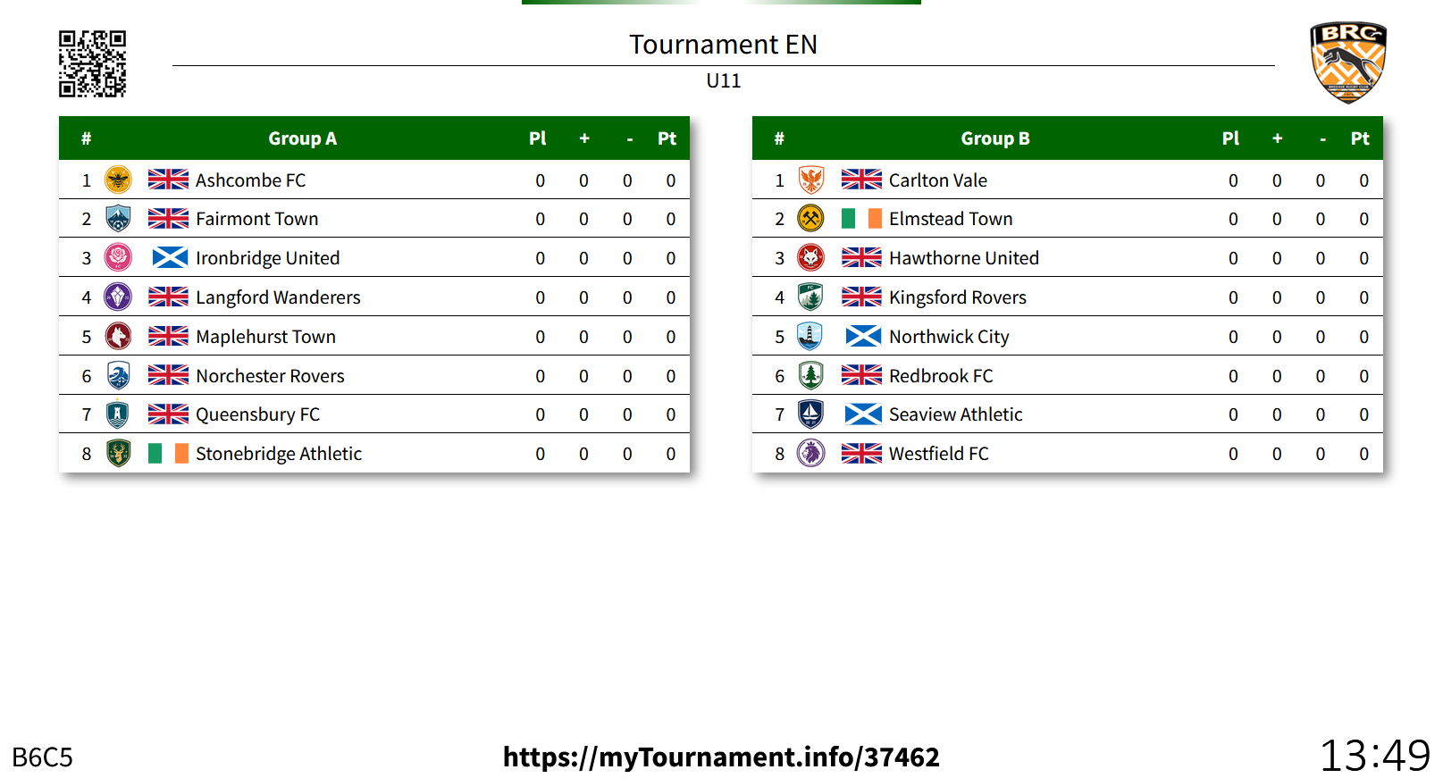 Presentation screen with matches and standings